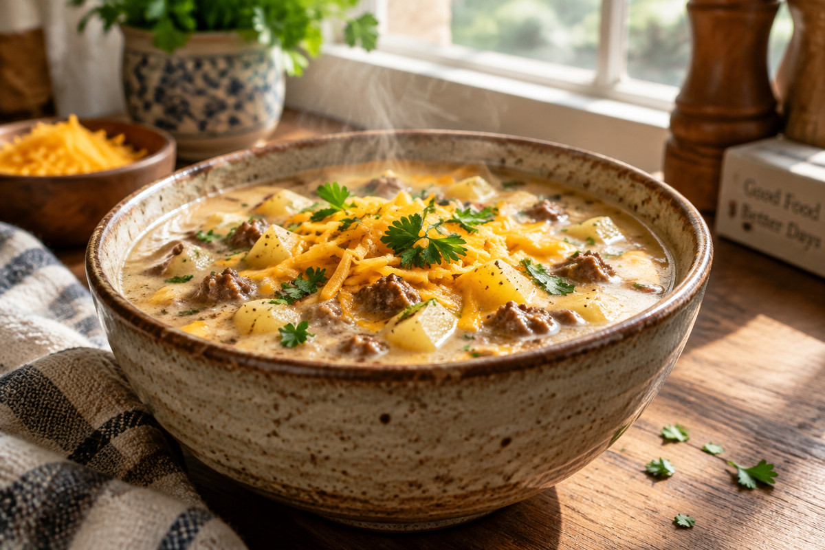 Bowl of cheesy beef potato soup garnished with parsley and shredded cheddar cheese