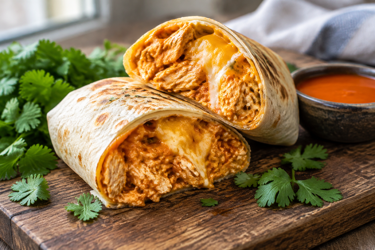 Cheesy buffalo chicken burritos with melted cheese and buffalo sauce, high protein buffalo chicken burritos