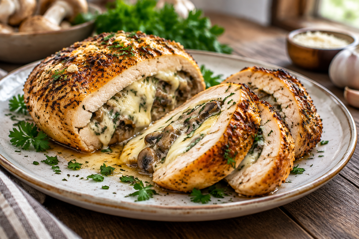 Cheesy garlic butter mushroom stuffed chicken sliced on a rustic plate with garnish