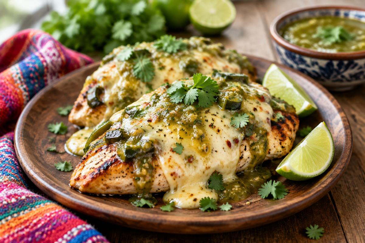 Grilled salsa verde chicken topped with melted pepper jack cheese and fresh cilantro garnish