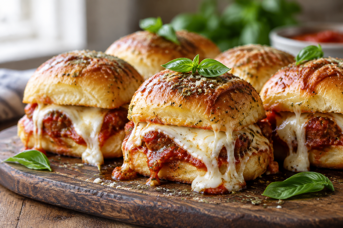 Cheesy baked sliders with Italian flavors garnished with fresh basil on a rustic wooden surface