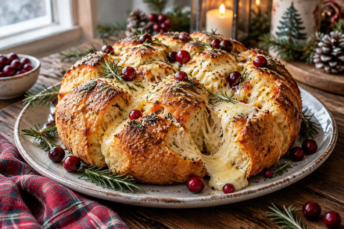 Golden cheesy pull apart bread with melted cheese and rosemary, festive Christmas bread