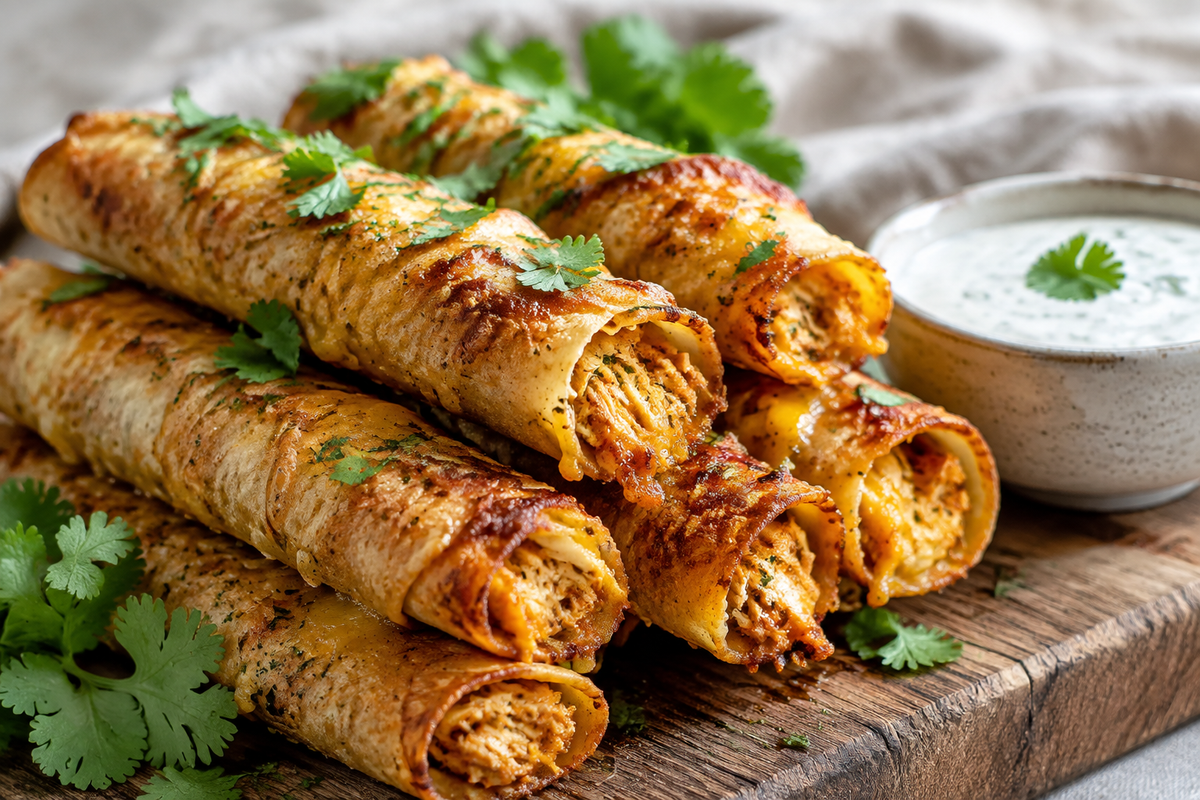 Golden crispy cheesy ranch chicken taquitos served with creamy ranch dipping sauce, perfect party appetizer