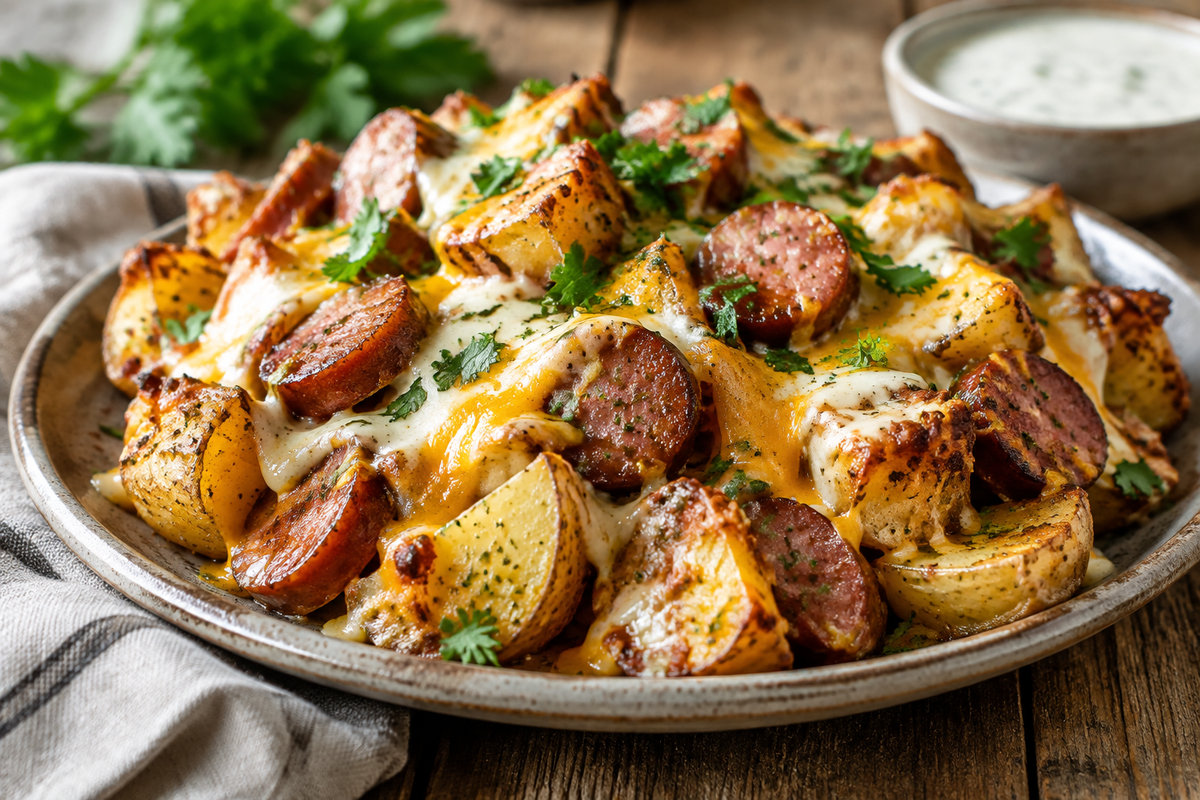 Cheesy ranch potatoes with smoked sausage delight served on a rustic plate garnished with parsley