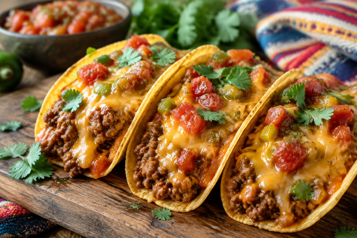 Cheesy rotel beef tacos with melted cheese and seasoned beef on tortillas, garnished with cilantro