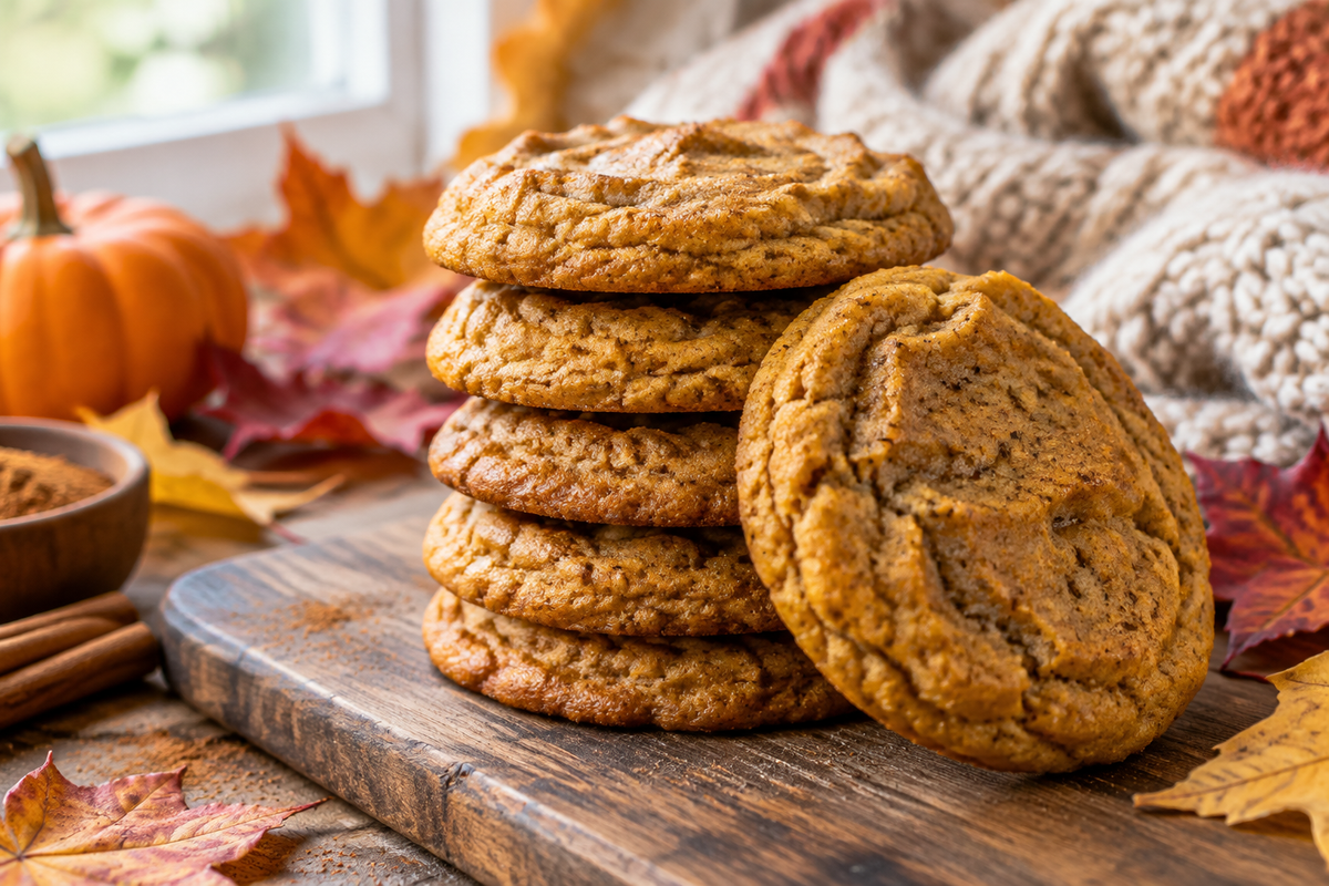 Chewy pumpkin cookies stacked on a rustic board bursting with fall flavors