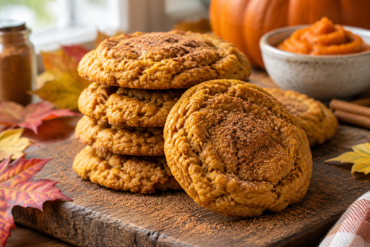 Stack of chewy pumpkin cookies with warm fall flavors on rustic wooden board