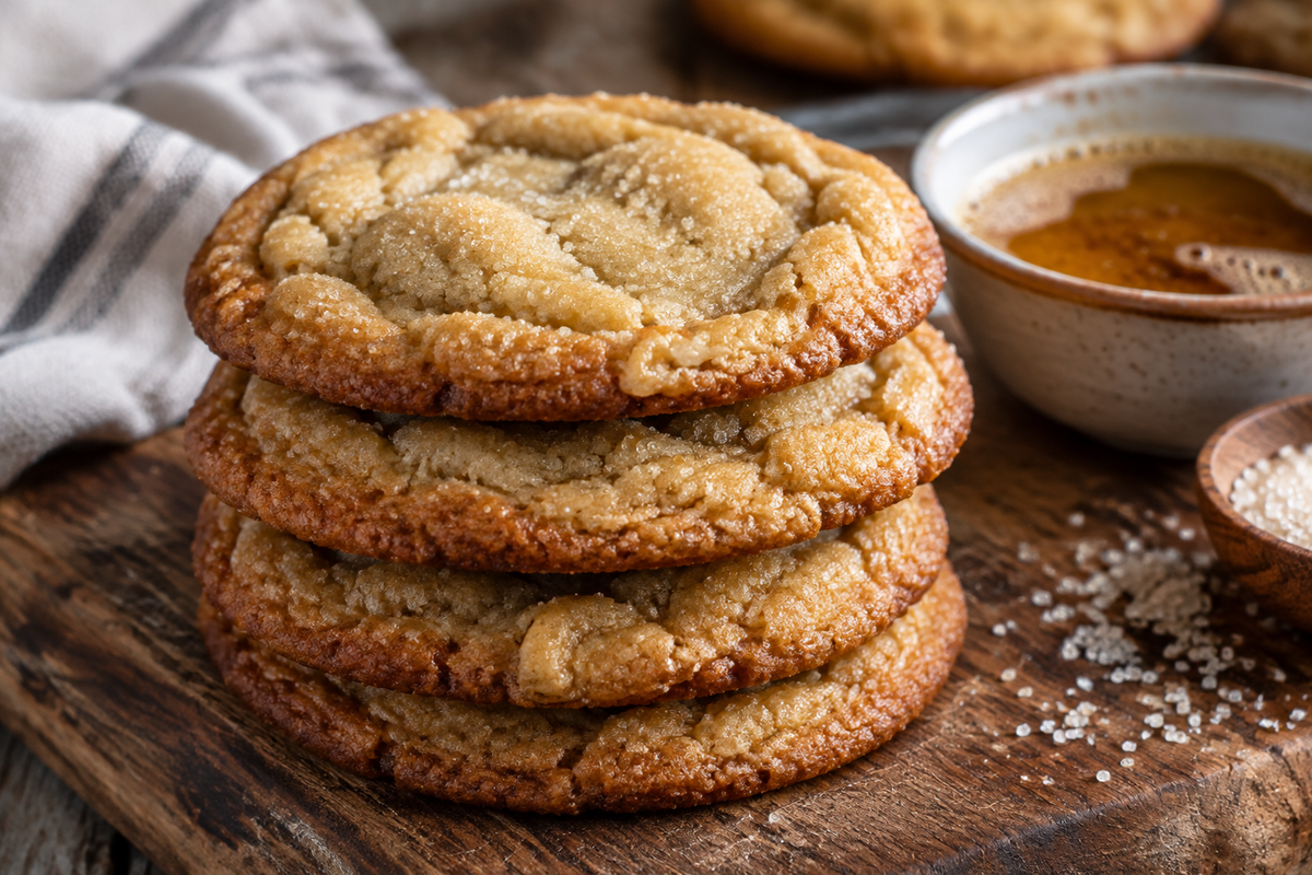 Chewy sugar cookies with brown butter on rustic board showing soft texture and golden edges