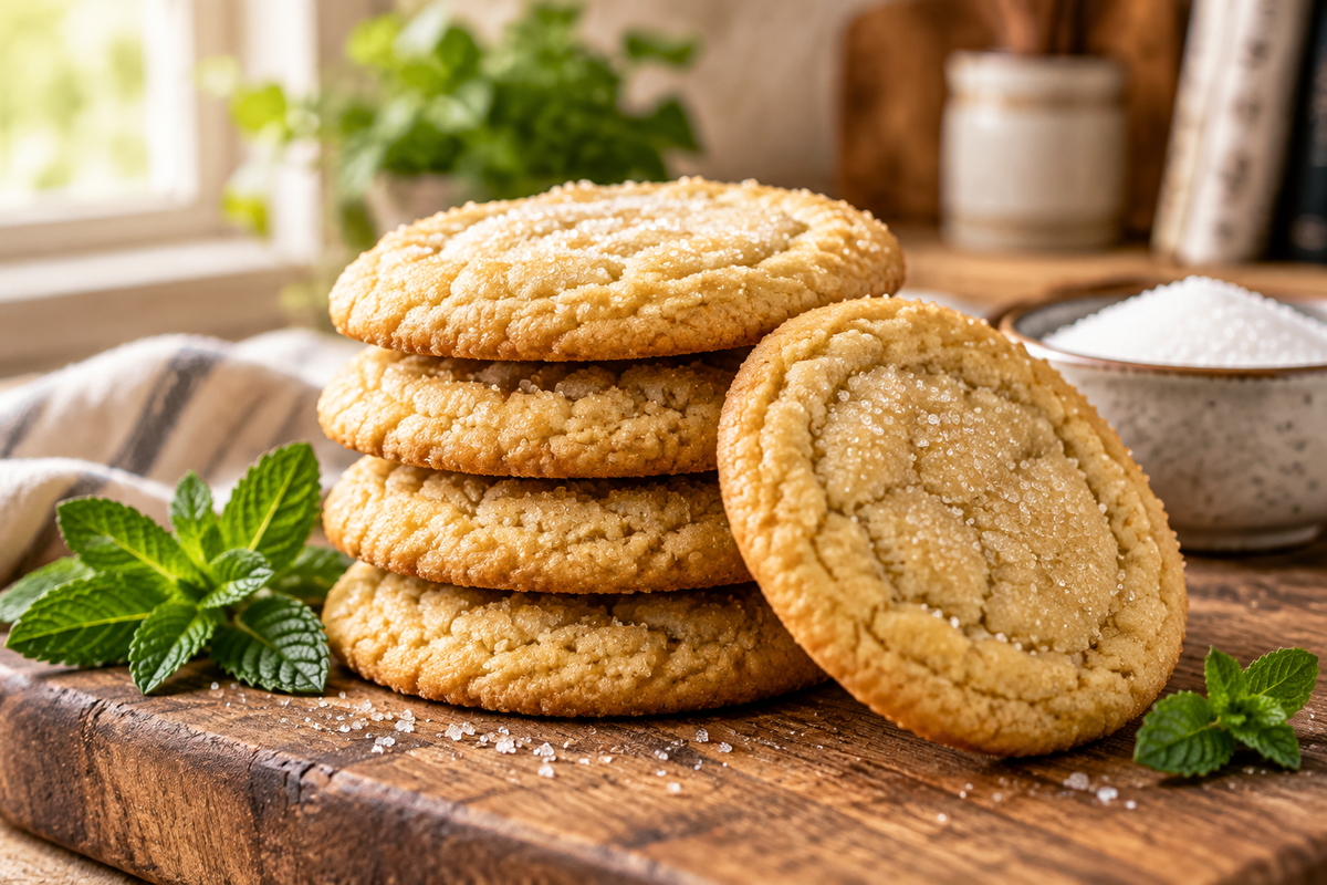 Stack of golden chewy sugar cookies with soft texture and sugar crystals, perfect sweet treat