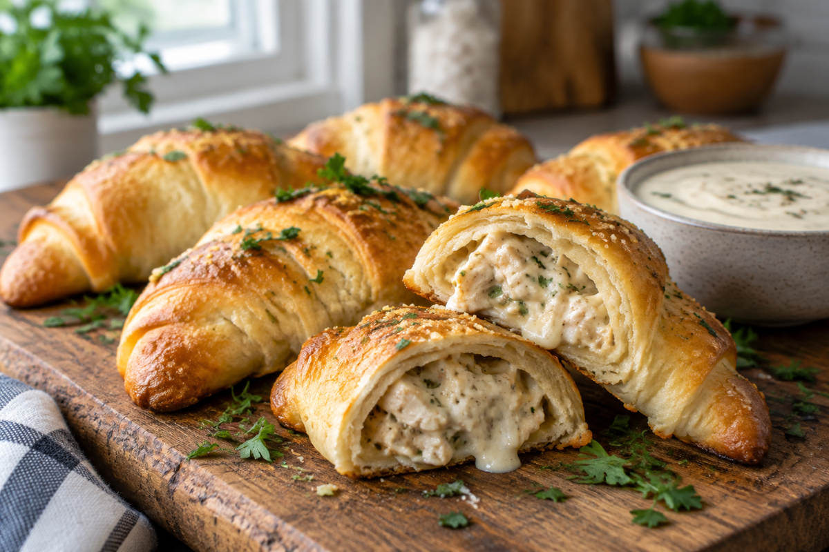 Golden chicken alfredo stuffed crescents garnished with parsley on rustic board