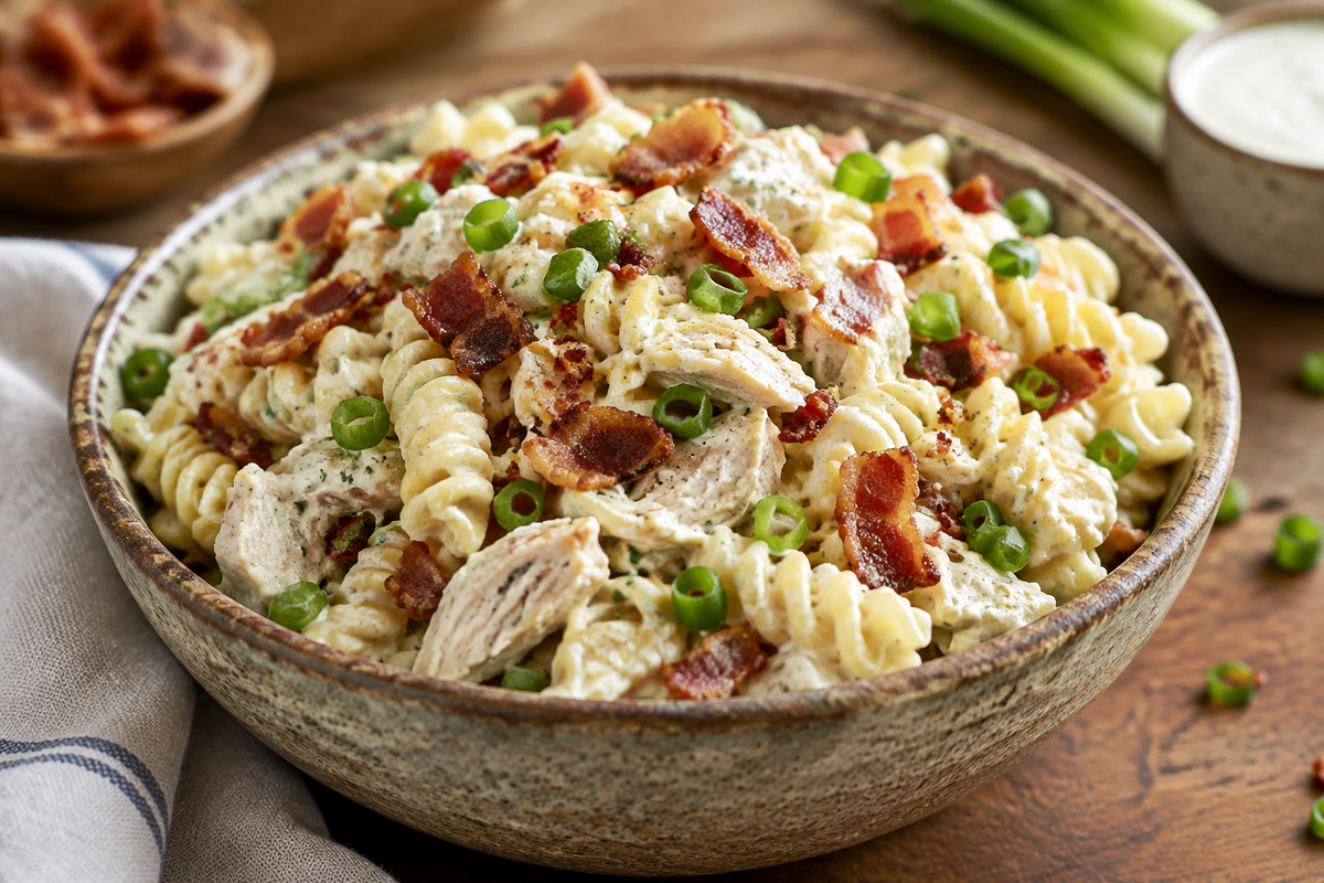 Chicken bacon ranch pasta salad in a bowl garnished with green onions and bacon, creamy and colorful