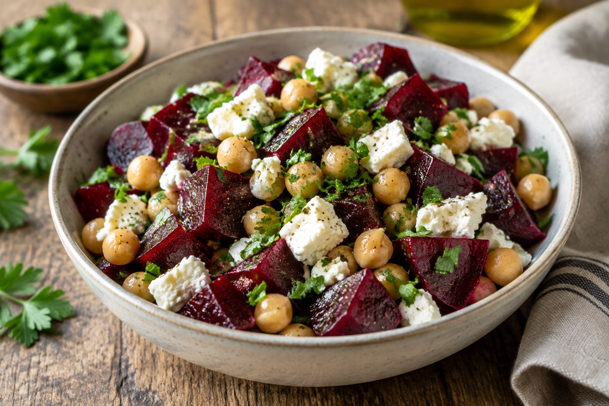 Chickpea beet salad with feta and herbs, a high protein colorful dish