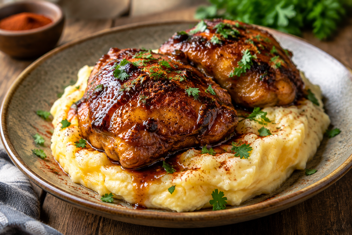 Plate of chipotle honey chicken thighs with creamy smoked gouda mashed potatoes and fresh parsley garnish