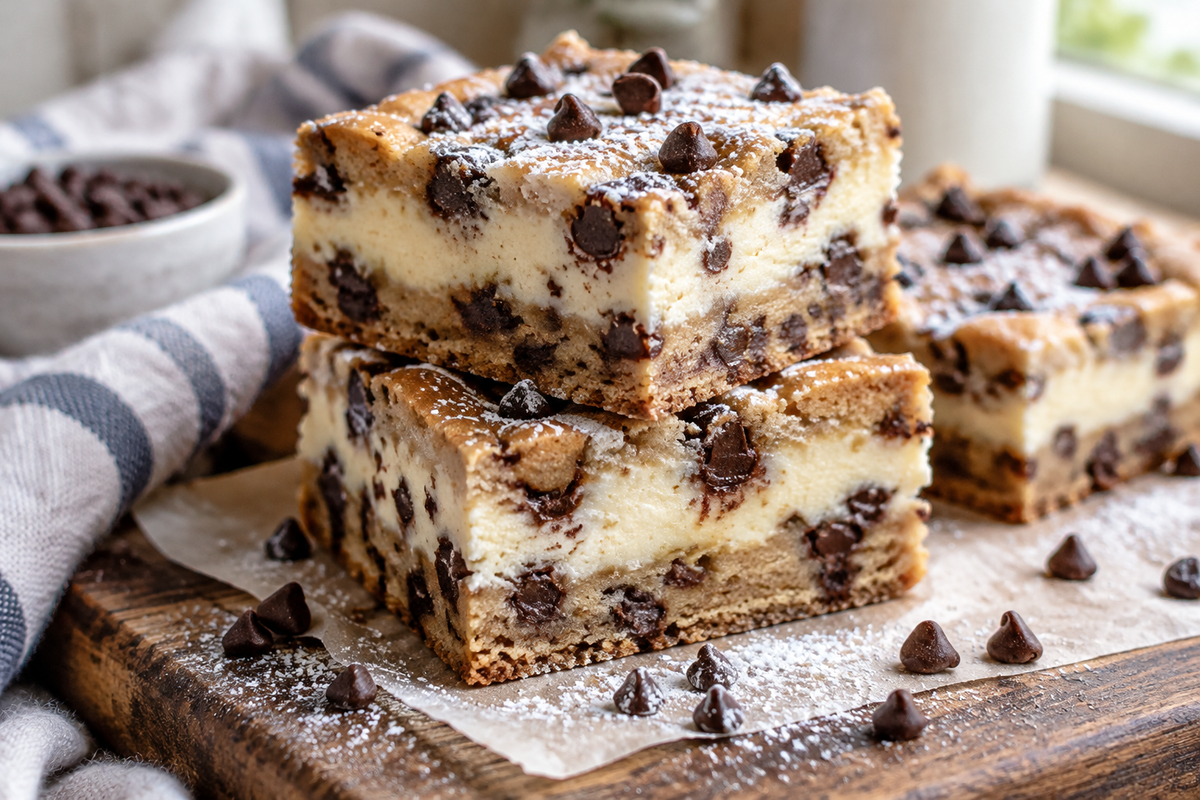 Chocolate chip cookie cheesecake bars with creamy cheesecake layer and cookie crust