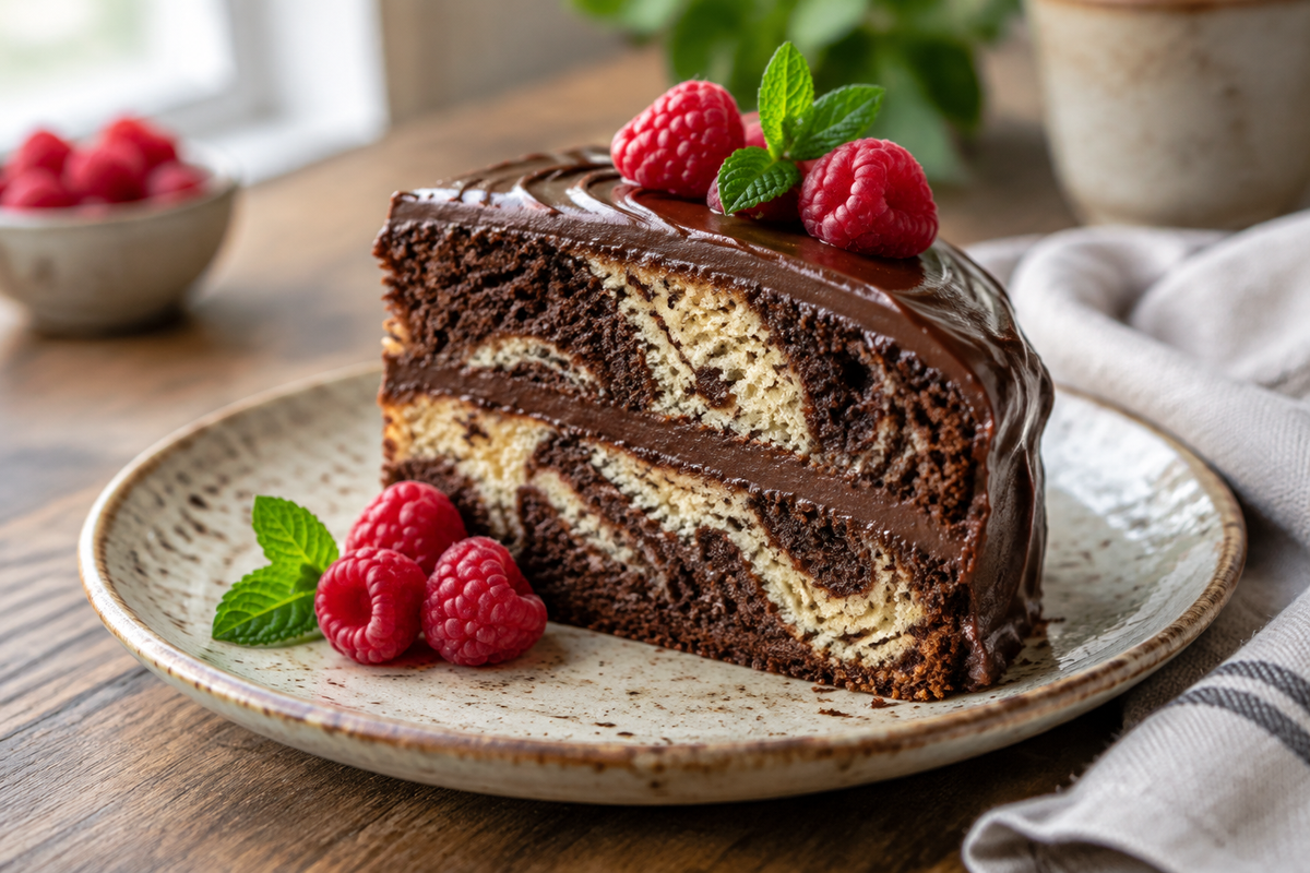Slice of chocolate marble cake with creamy ganache frosting and raspberries, chocolate marble cake