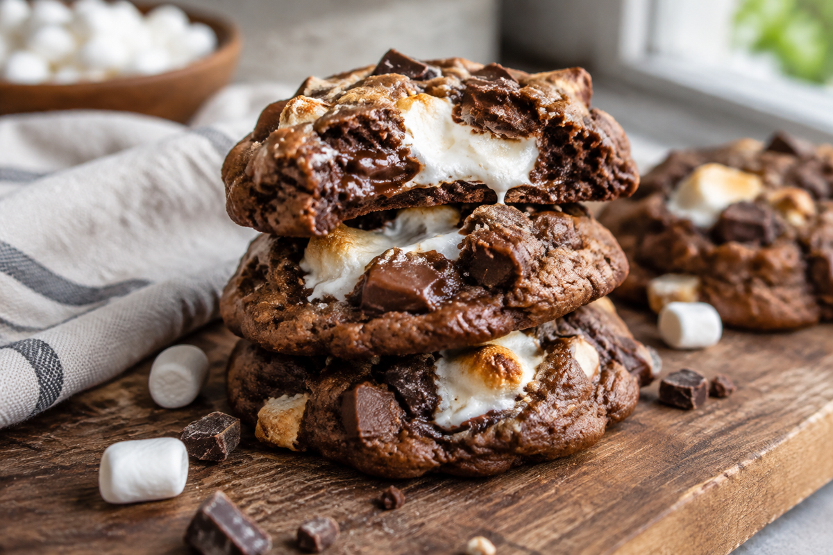 Chocolate marshmallow cookies stacked with gooey marshmallow and melted chocolate close-up
