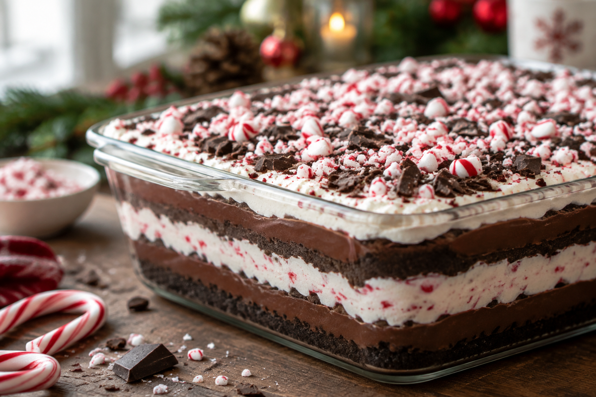 Chocolate peppermint lasagna no bake Christmas dessert with layered chocolate and peppermint cream topped with crushed candy canes
