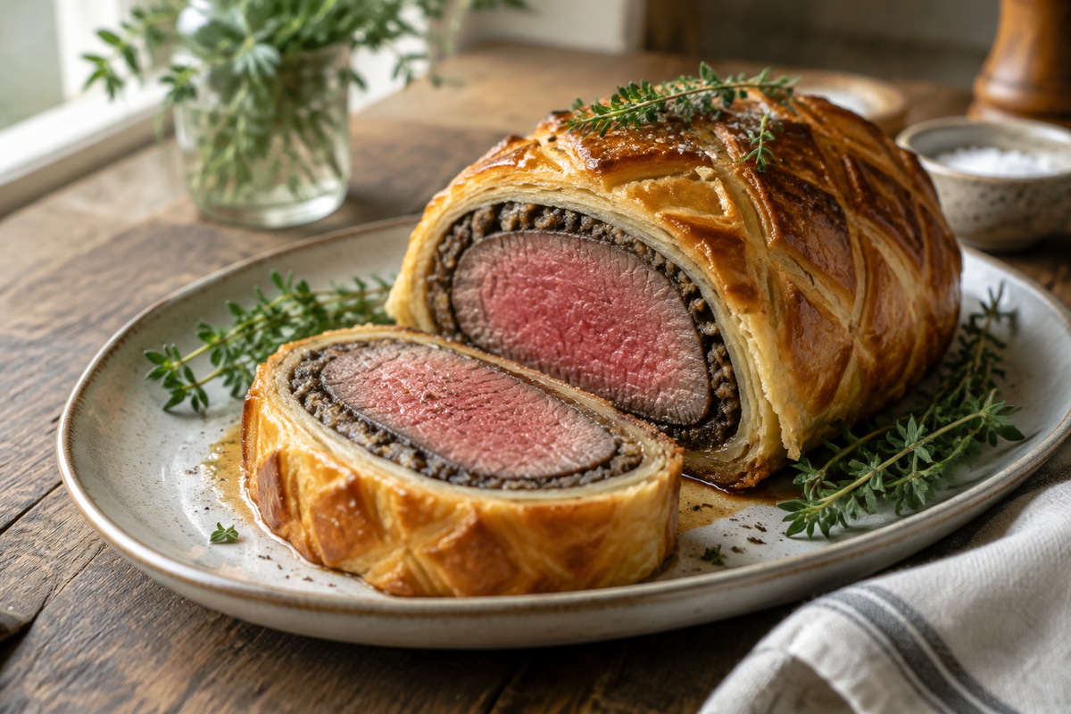 Classic beef wellington with juicy beef and crispy puff pastry on rustic plate, beef wellington recipe