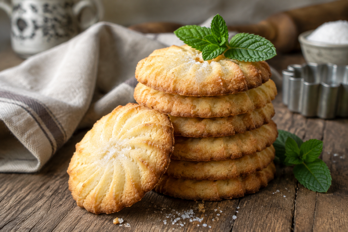 Stack of golden crisp butter cookies with sugar sprinkle and mint garnish, showcasing butter cookies