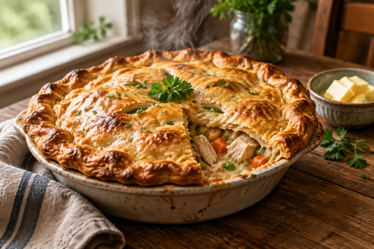 Golden flaky chicken pot pie with creamy filling and fresh parsley garnish