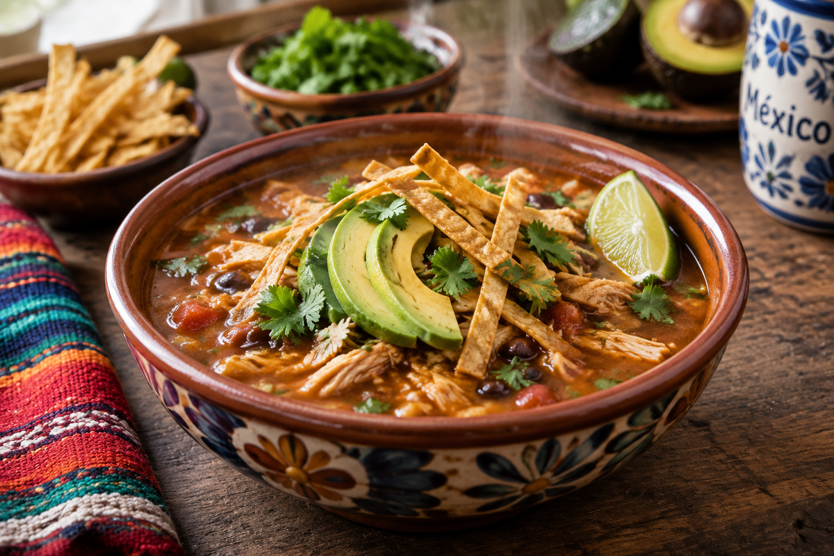 A bowl of classic chicken tortilla soup garnished with tortilla strips and avocado, showcasing chicken tortilla soup