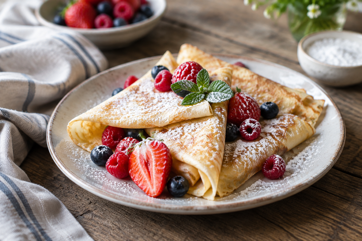 Golden thin crepes folded on a plate with fresh berries and powdered sugar, perfect crepes recipe