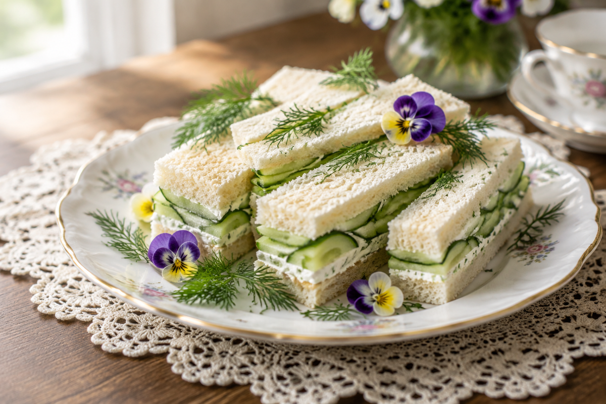 Classic cucumber sandwiches on white plate garnished with fresh dill and flowers