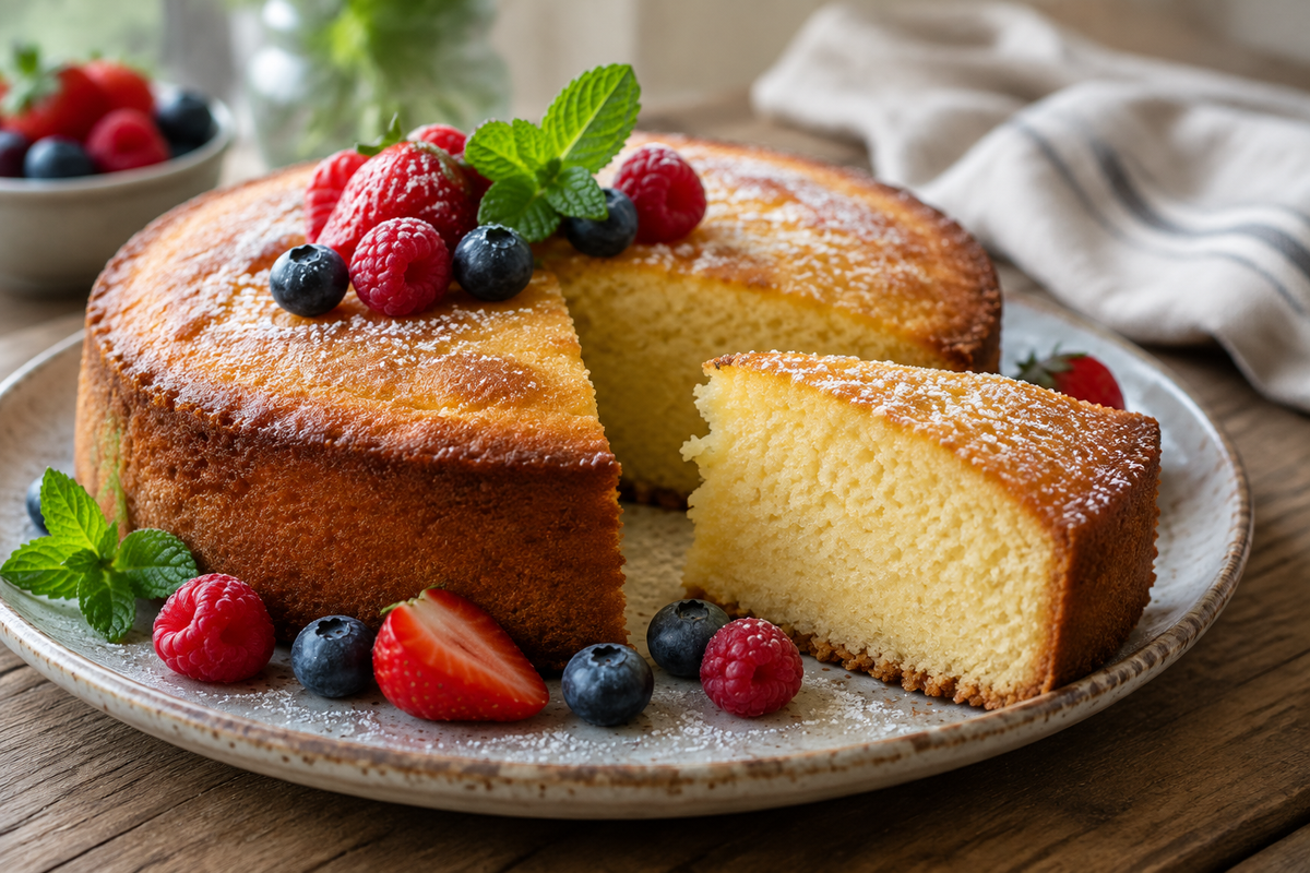 Moist and rich classic French butter cake sliced on a rustic plate with fresh berries and mint garnish