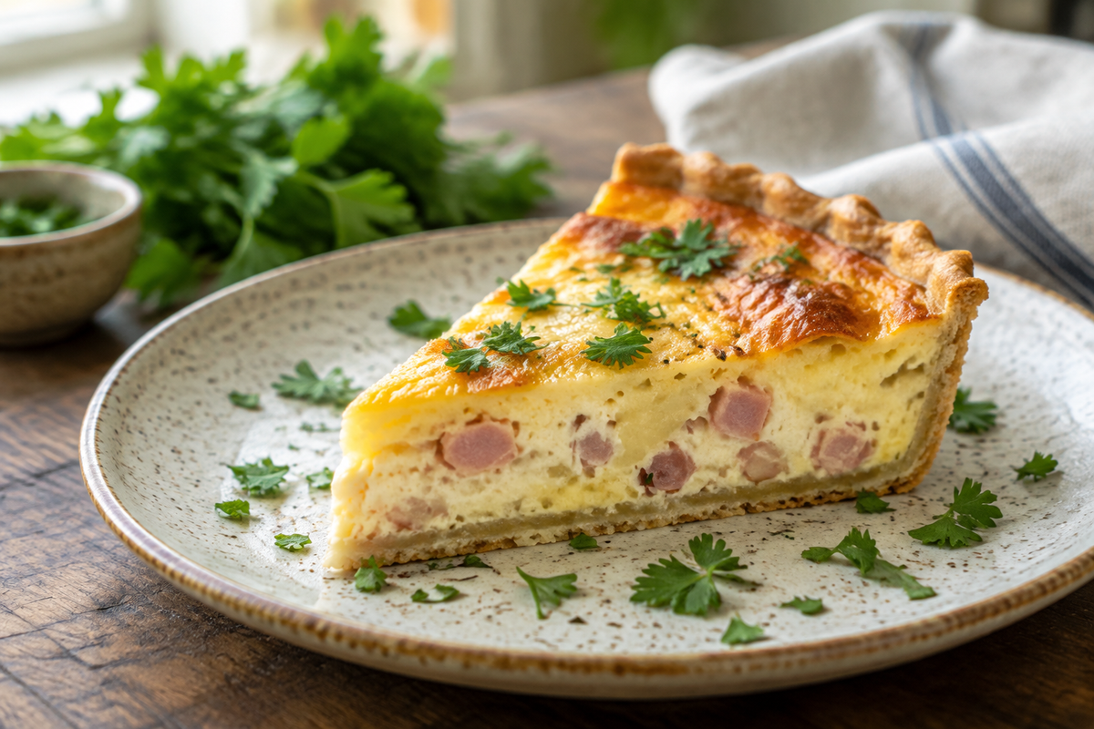 Slice of ham and cheese quiche with golden crust and melted cheese, garnished with parsley