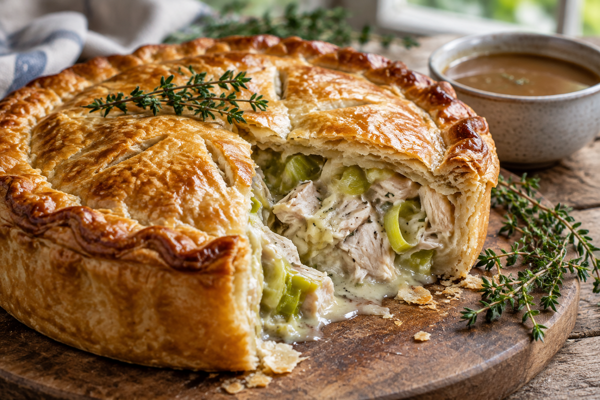 Golden chicken and leek pie with creamy filling and flaky pastry crust, garnished with fresh thyme