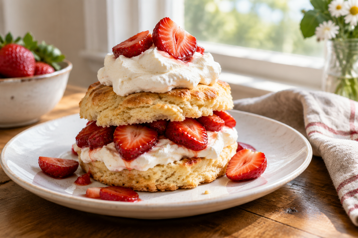 Strawberry shortcake with fresh strawberries and whipped cream on a white plate, showcasing strawberry shortcake dessert