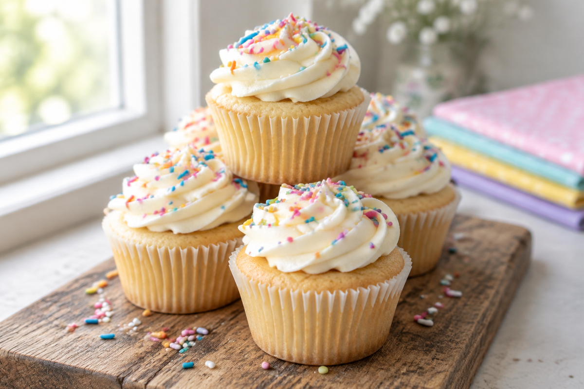 stack of classic vanilla cupcakes with creamy buttercream frosting and sprinkles, vanilla cupcake