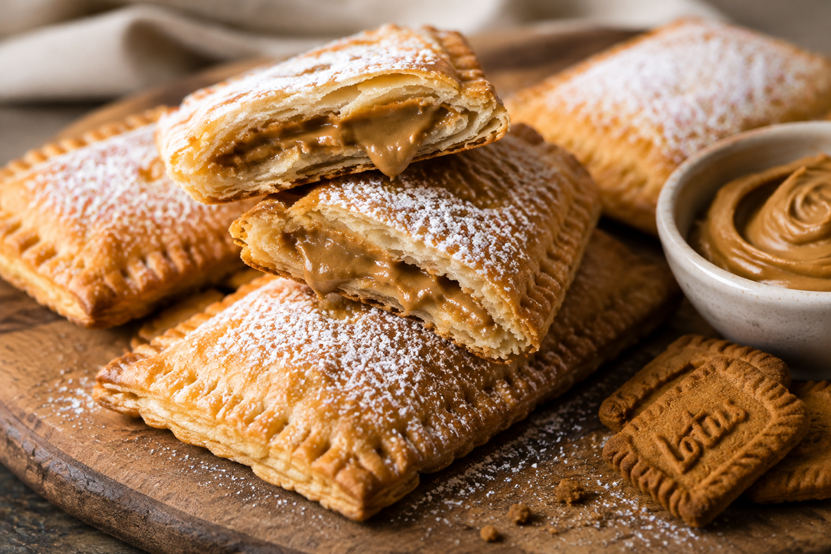 Golden cookie butter pop tart pastries with flaky crust and creamy filling on rustic board