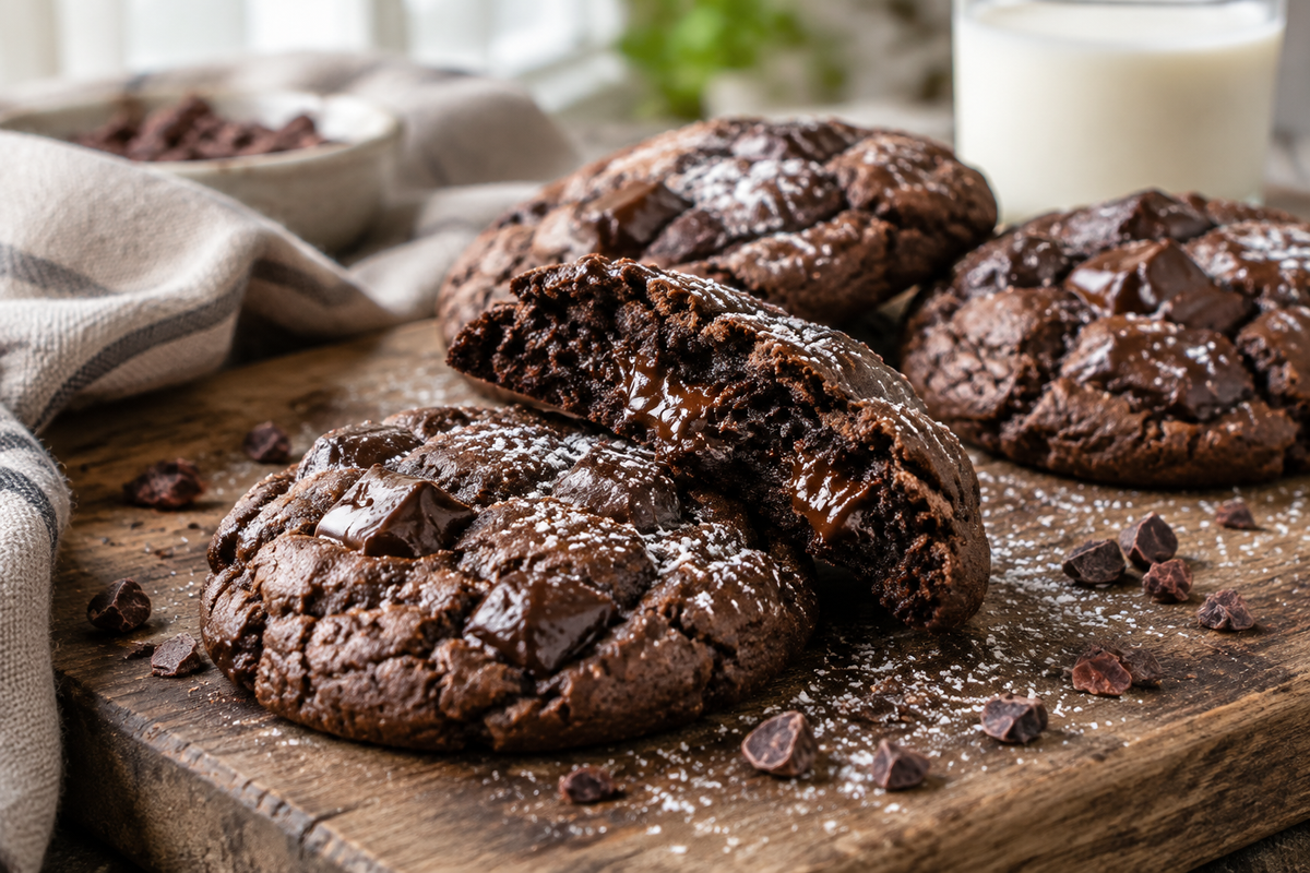 Fudgy cookies façon brownie with melted chocolate chunks on rustic board, chocolate delight