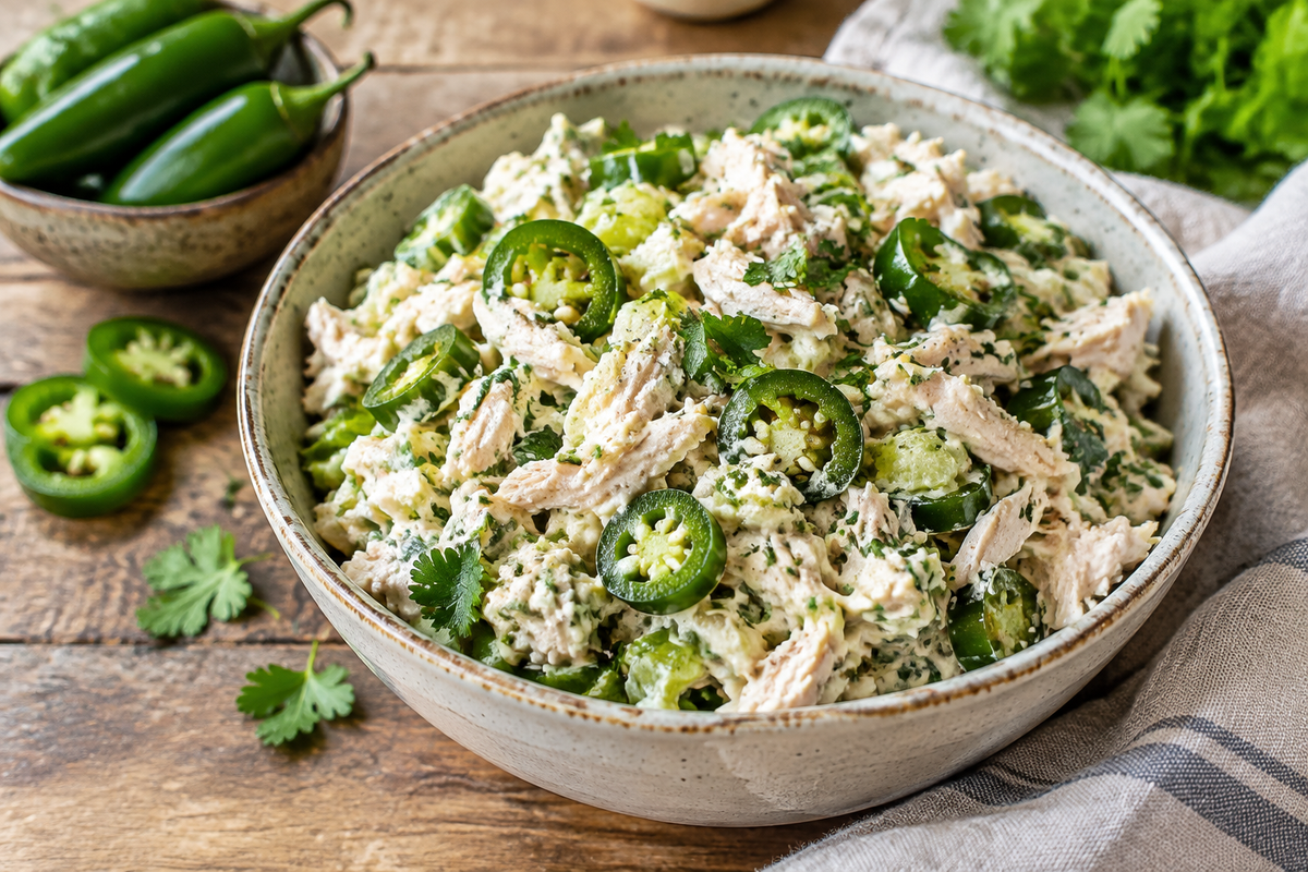 Copycat jalapeño hollychicken salad in a bowl with creamy dressing and jalapeño slices
