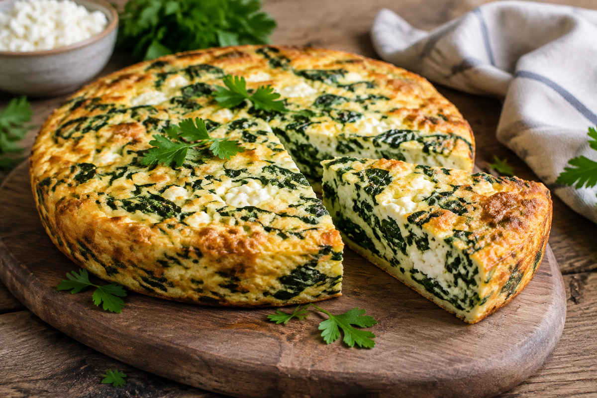 Golden cottage cheese and spinach crustless quiche garnished with parsley on rustic table