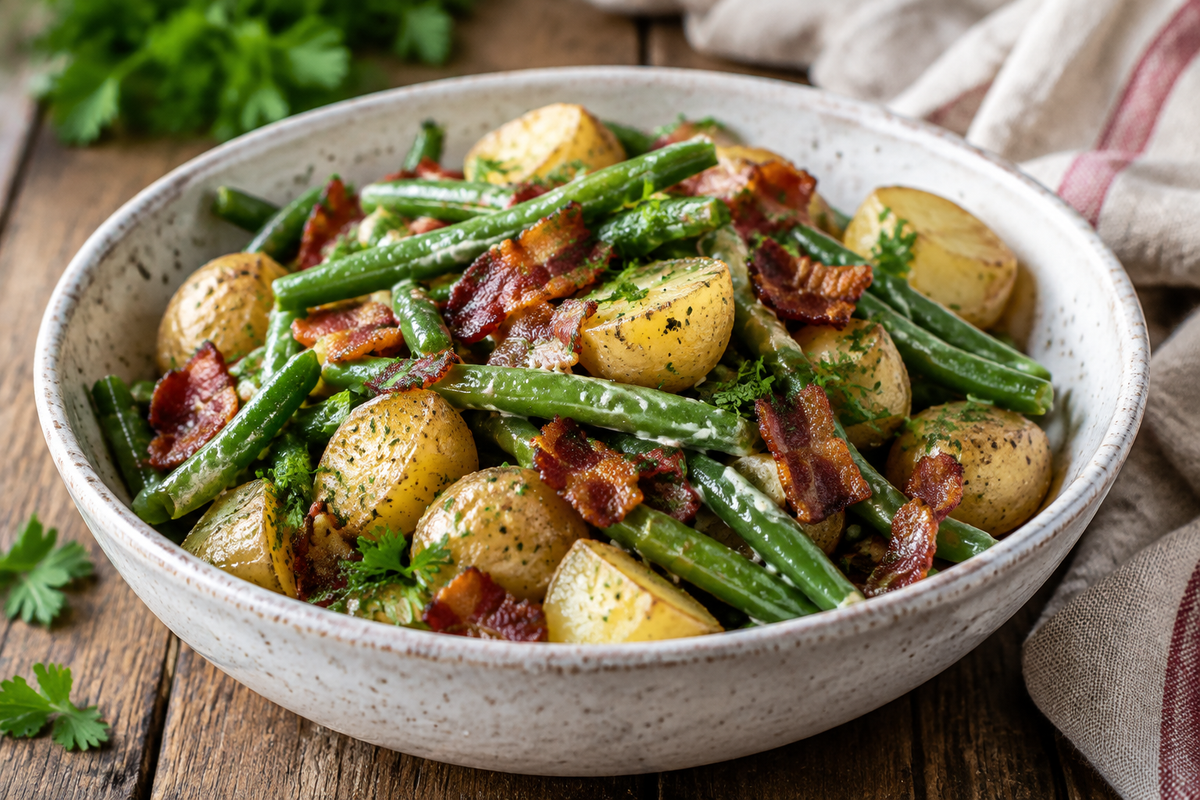 Country ranch green beans and potatoes with bacon served in a rustic bowl garnished with parsley