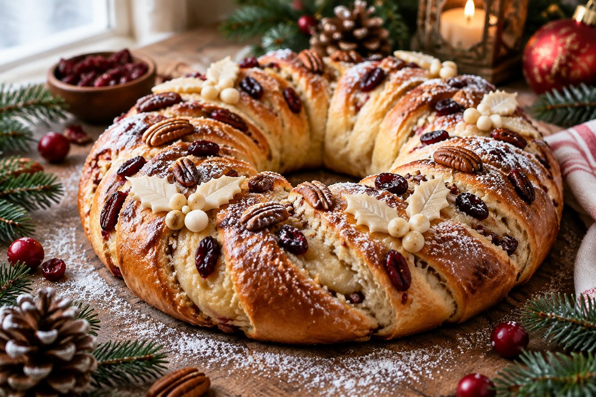 Golden Couronne De Noel marzipan bread with pecans and cranberries on rustic surface