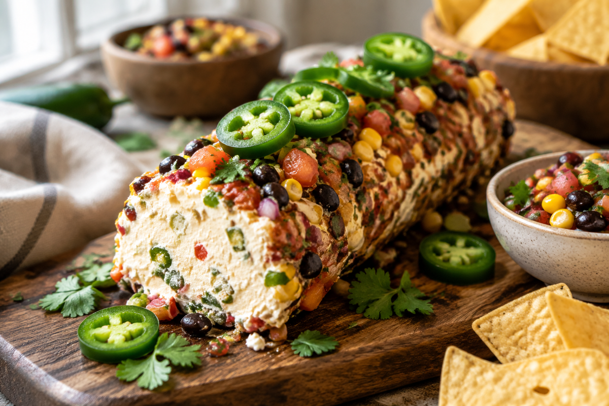 jalapeno popper cheese log topped with cowboy caviar and garnished with jalapeno slices and cilantro