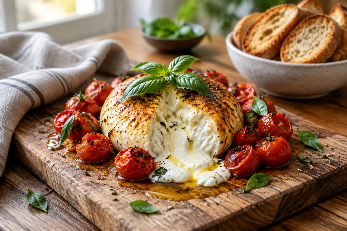 Cozy baked burrata appetizer with melted cheese and fresh basil garnish