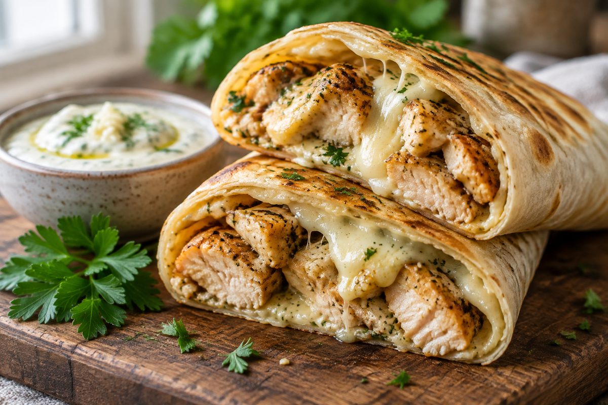 Cheesy garlic chicken wraps with melted cheese and garlic sauce, cozy cheesy garlic chicken wraps