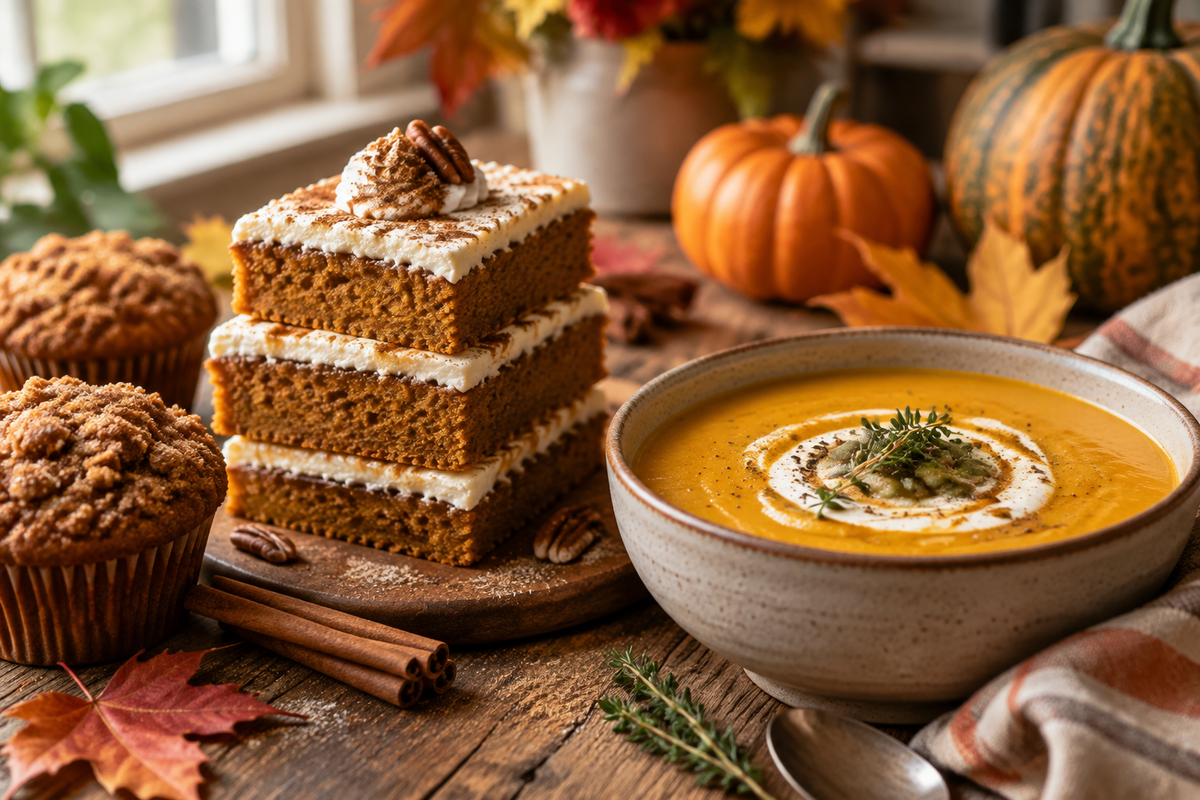 Cozy fall recipe ebook featuring pumpkin spice desserts and autumn soups in warm natural light