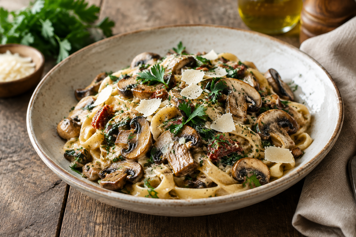 Creamy Tuscan mushroom pasta garnished with fresh parsley and Parmesan, a perfect cozy meal