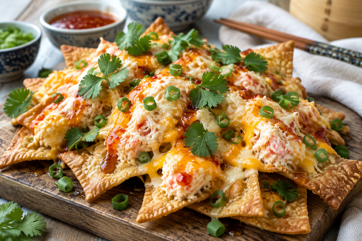 Crab rangoon nachos topped with creamy crab, cheese, green onions, and sweet chili sauce