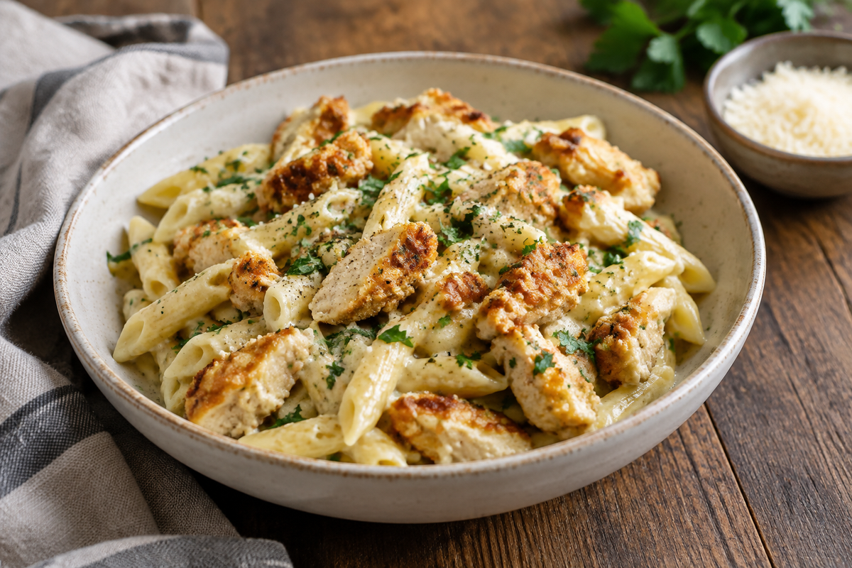 Creamy Crac Chicken Penne pasta in a bowl garnished with parsley and black pepper