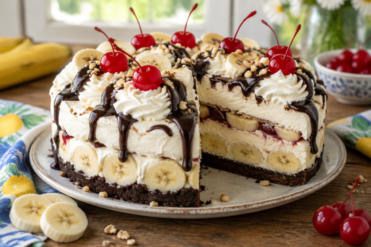 Creamy banana split torte with chocolate drizzle and fresh cherries, banana split torte dessert