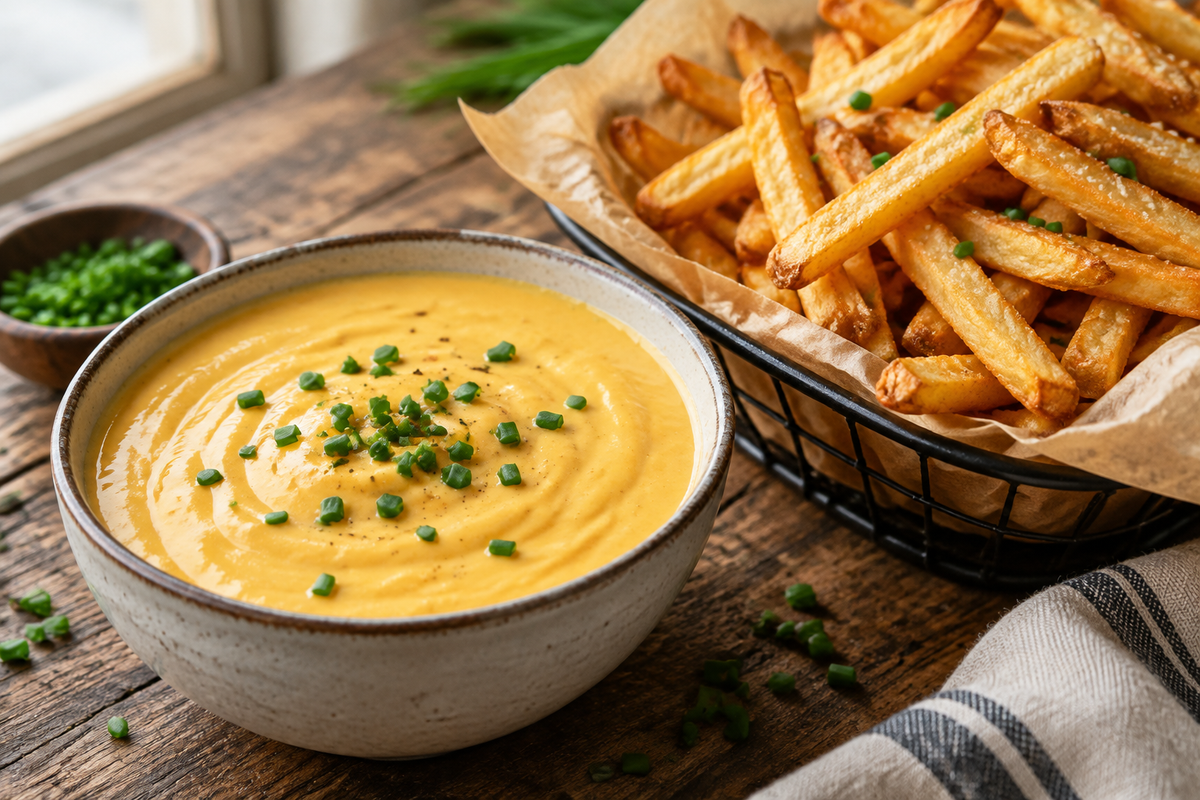 Creamy cheese sauce for fries in a rustic bowl with golden crispy fries and chive garnish