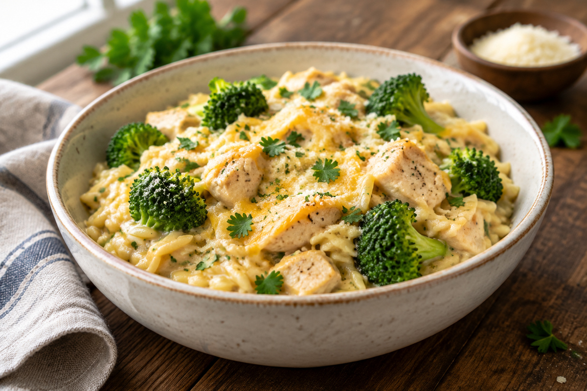 Creamy cheesy chicken broccoli orzo in a bowl garnished with parsley, showcasing chicken broccoli orzo