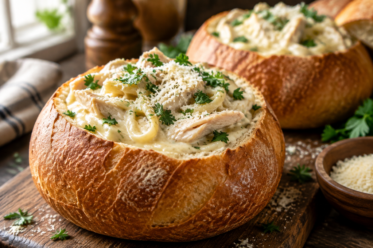Creamy chicken alfredo bread bowls garnished with parsley and parmesan cheese