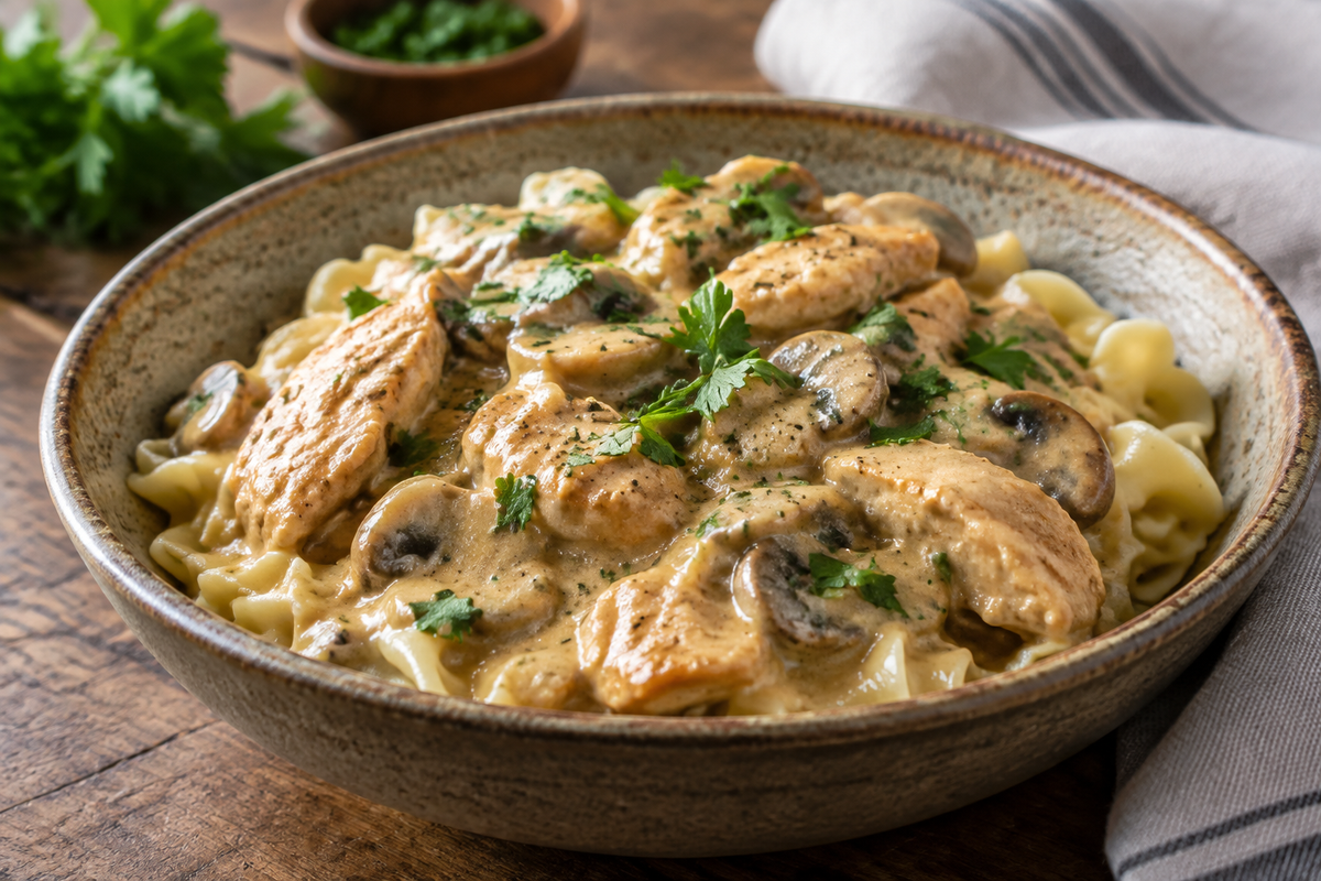 Creamy chicken stroganoff with mushrooms and parsley garnish in a rustic bowl